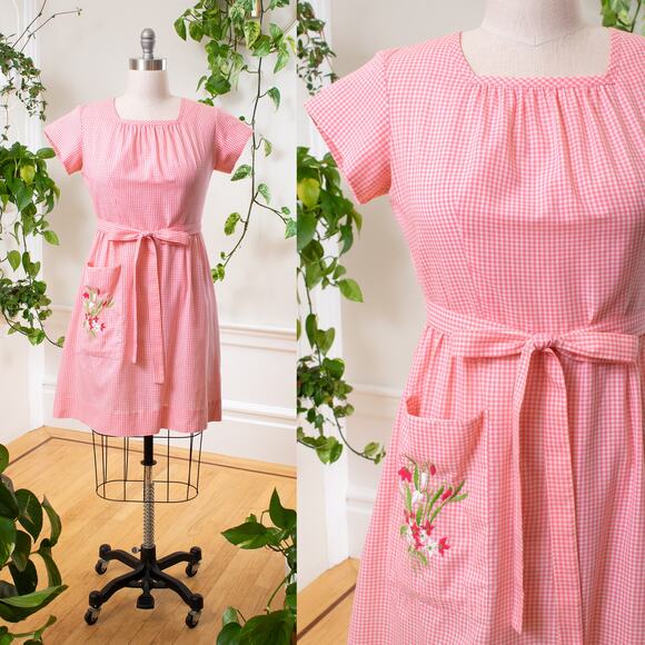 Vintage Dresses & Skirts - Vintage 1950s SWIRL Wrap Day Dress 50s Floral Embroidered Pink Gingham Cotton